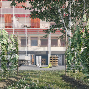 Die Anlieferung für die Gewerberäume funktionieren direkt über die Gasse entlang des Hauses „Dixa“. Wir möchten die bestehende Asphaltfläche soweit wie möglich entsiegeln und begrünen.