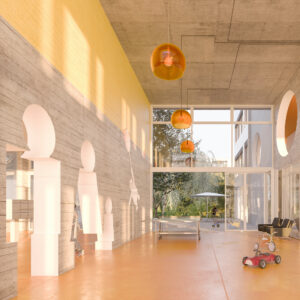 Wir brechen das 1.OG im Zwischenbau Haus MICRO ab. Der neue Durchgang wird zur grosszügigen und ganzjährig nutzbaren Eingangshalle.